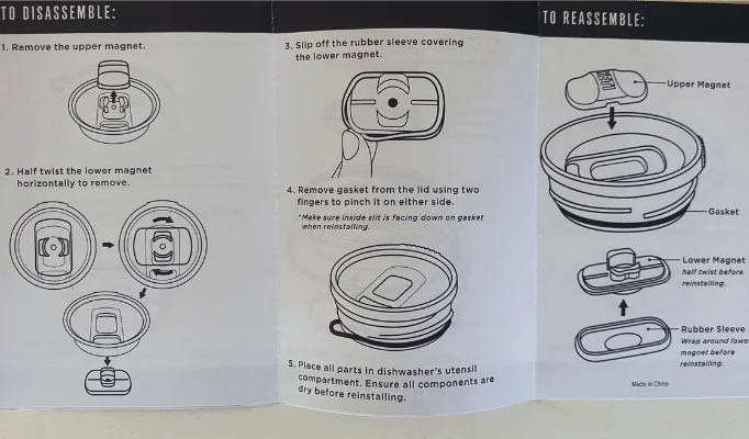 Photograph showing how to disassemble and reassemble stronghold lid for cleaning.