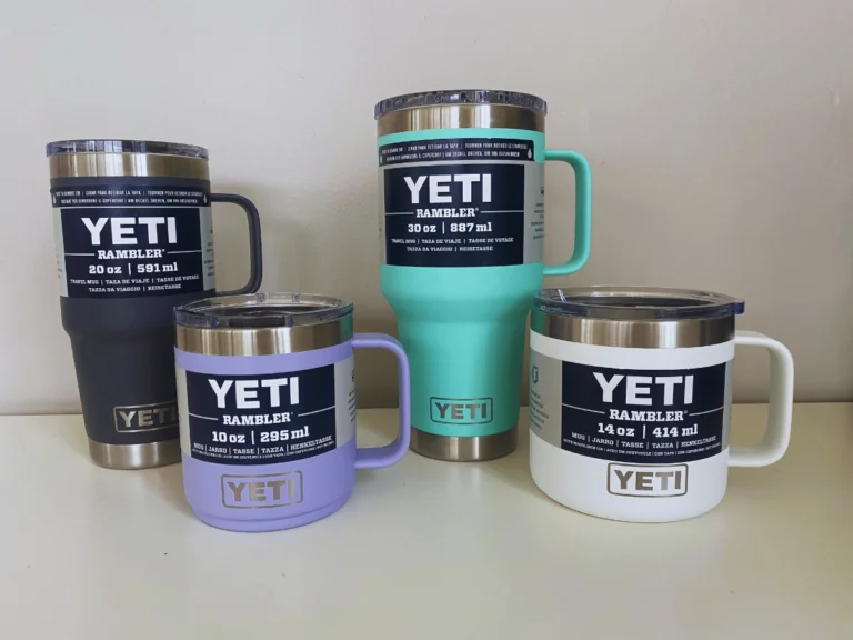 Photograph showing YETI Rambler mugs side by side, 10oz, 14oz, 20oz and 30oz.