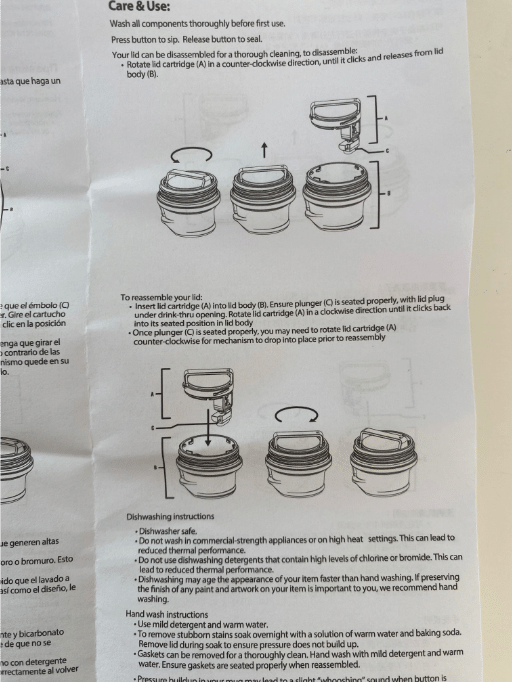 Photograph of Stanley's instructions for dismantling and cleaning the Trigger Action mug lid.
